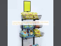 Custom Bakery Snack Metal Wire Display Racks With Wheels And Sign Header